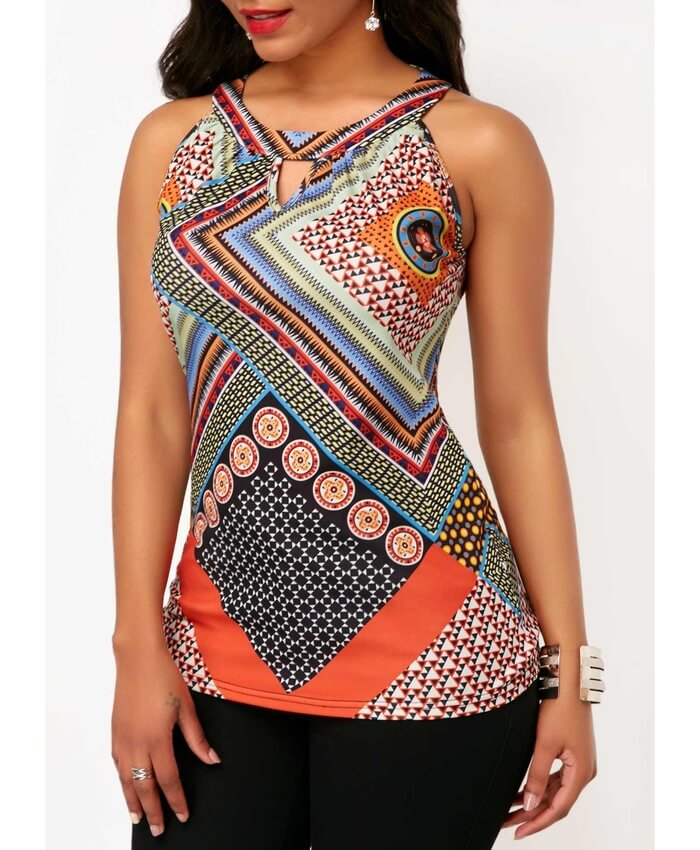 Round Neck Printed Keyhole Neckline Tank Top